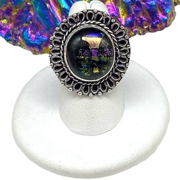 Hand Crafted Jewelry - Dichroic Art Glass Ring Size 6.5 925 Sterling Silver Overlay Chunky Statement